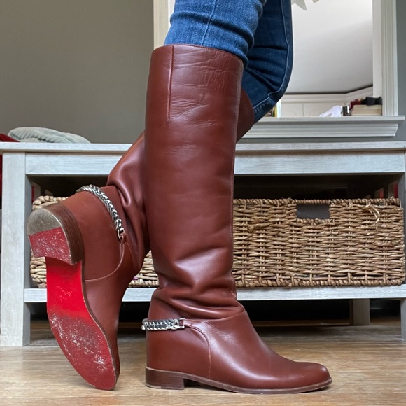 Louboutin Cate Chained Cognac Leather Riding Boots - 38.5 - Picture 2 of 9